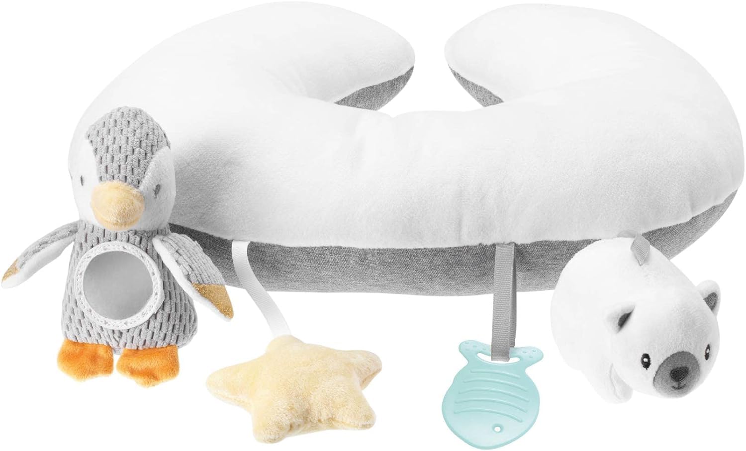 Nuby Penguin Tummy Time Pillow For Babies, Grey And White Plush Nursery Accessories, 39 x 30 cm