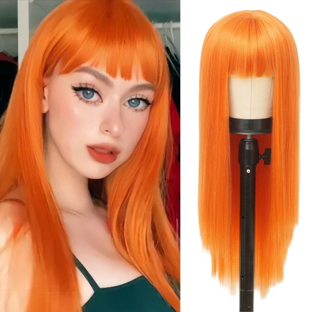 Siudus Orange Long Straight Wig with Bangs Womens Synthetic 28 Inch Natural Hair Wig for Cosplay Daily Use (Orange) — image 1
