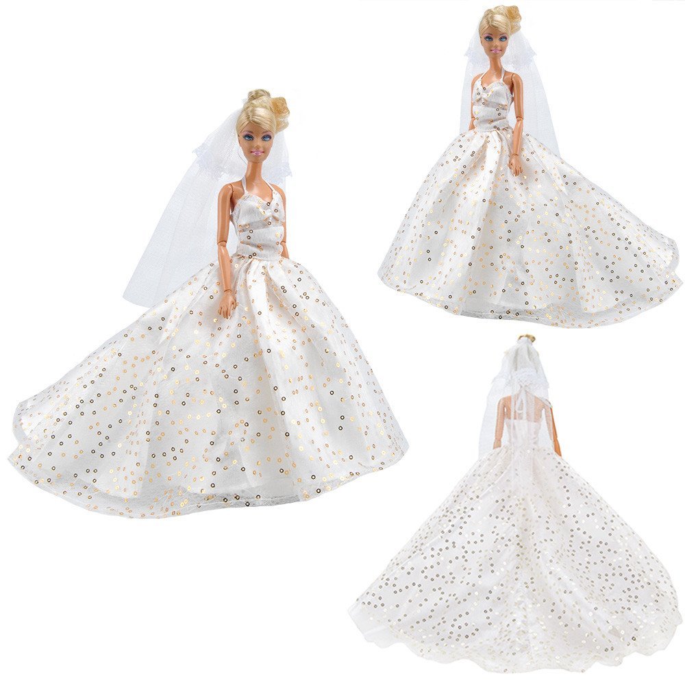 E-TING bambola abito da sposa principessa abito Abito pizzo floreale con Set di sera festa vestito di Paillette Barbie vestiti Cenerentola + velo impostato per Barbie Doll---miglior regalo per la vostra ragazze (Bambola Non è Incluso)