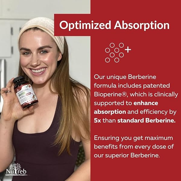 NUTREB BERBERINE SUPPLEMENT 1200MG – 5X HIGHER ABSORPTION – ULTRA PURE 98% BERBERINE HCL – HEALTHY WEIGHT MANAGEMENT, IMMUNE SUPPORT – NON GMO, MANUFACTURED IN USA – 60 VEGAN CAPSULES