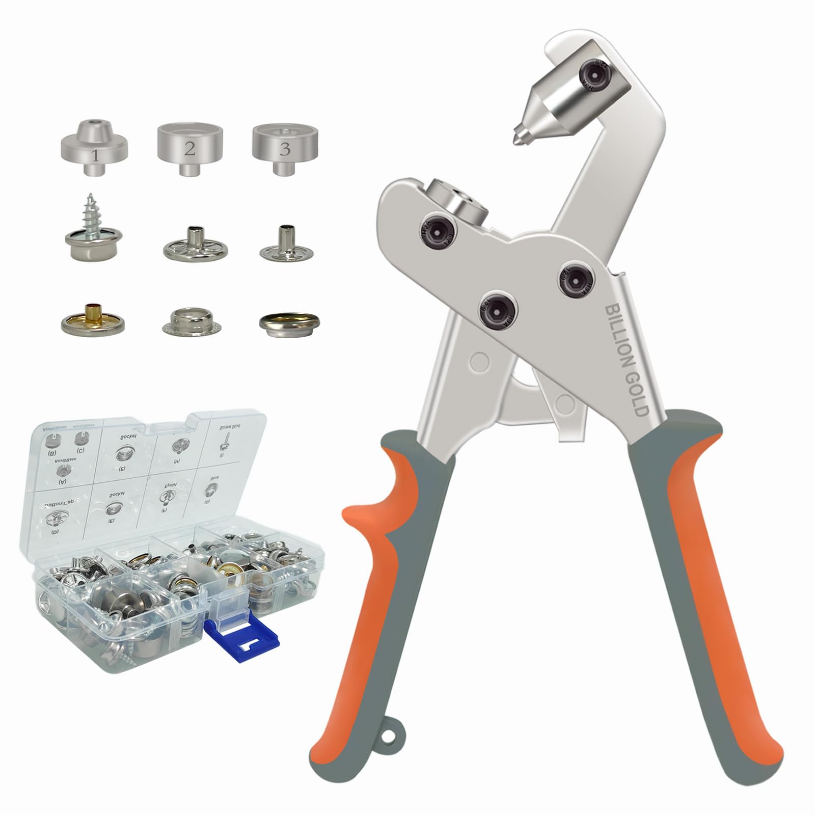 BILLION GOLD Snap Fastener Tool Includes 20 Set Snaps, Snap Button Pliers with 3 Dies, Press Stud Snap Setter Tool, Canvas Snap Pliers for Canvas Fabric Leather Traps Boat Cover Replacement(2026)
