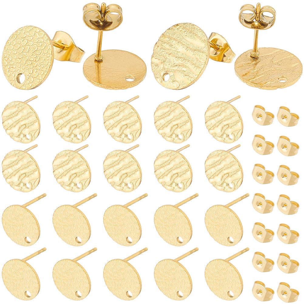SOFPLATE 1 Box 60Pcs 2 Style Stainless Steel Earring Posts Gold Earring Studs with Loop Textured Flat Back Stud Components with Ear Nuts Round Earring Studs for jewellery Making Supplies DIY Crafts