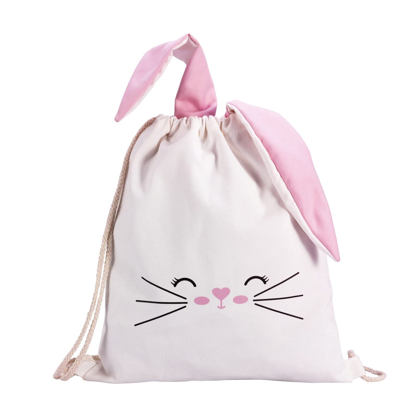 Asivtoki Drawstring Bags for Kids Girls, Gym Bag School Sports Bag Personalised Rabbit Backpack with Pink Bunny Ears Cute Canvas Drawstring Bags for Children Travel Beach Outdoor