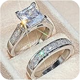 HUUGVBCO 2 PCS Platinum Plated 925 Sterling Silver Square Zirconia Cushion Halo Shiny CZ Crystal Diamond Engagement Wedding Rings Set for Women(7)