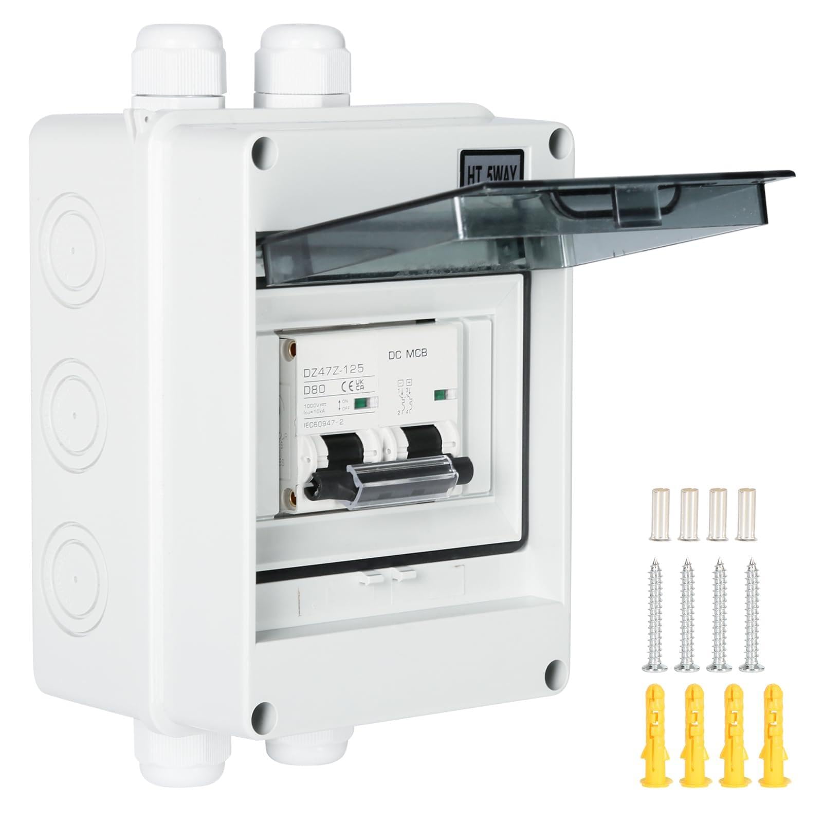 Candeon 2P 80A DC Photovoltaic Circuit Breaker Isolator Air Switch w/IP65 Waterproof Distribution Box