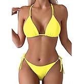 Tainehs Women's Sexy Halter Thong Bikini Tie Two Sides Bottom Triangle Bikini Swimsuits