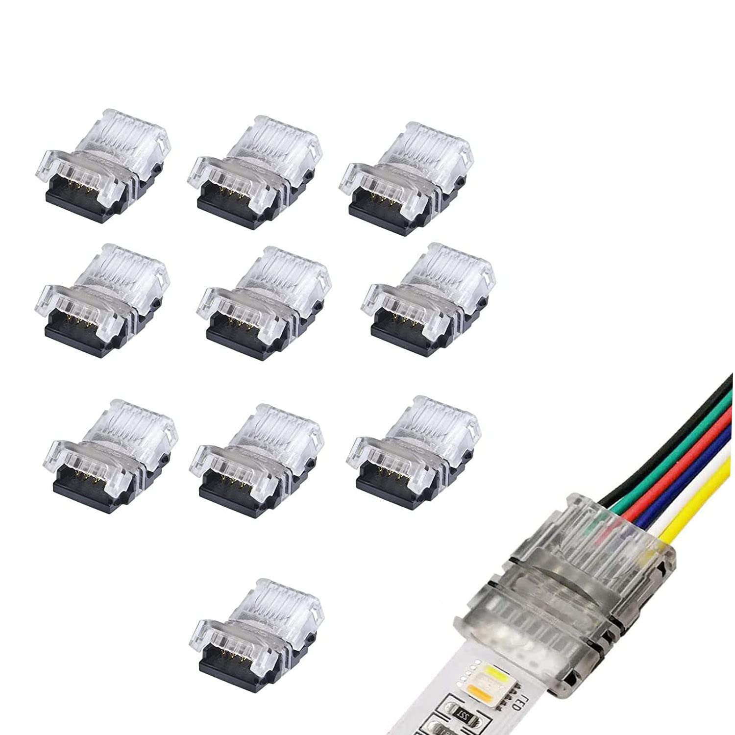 ENQIMAOYI 10 Pieces 6-pin RGBWW LED Strip Connector, Non-Waterproof 12mm RGB+CCT LED Strip, 5V/12V/24V Compatible, Up to 5A Current, DIY Connection
