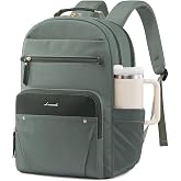 LOVEVOOK Laptop Backpack for Women with Leather Trim &amp; Tumbler Pockets, 17.3" Work Backpack Purse, Travel Personal Item Bag, Carry On Business Computer Bag for Office, School, or Gift, Sage Green