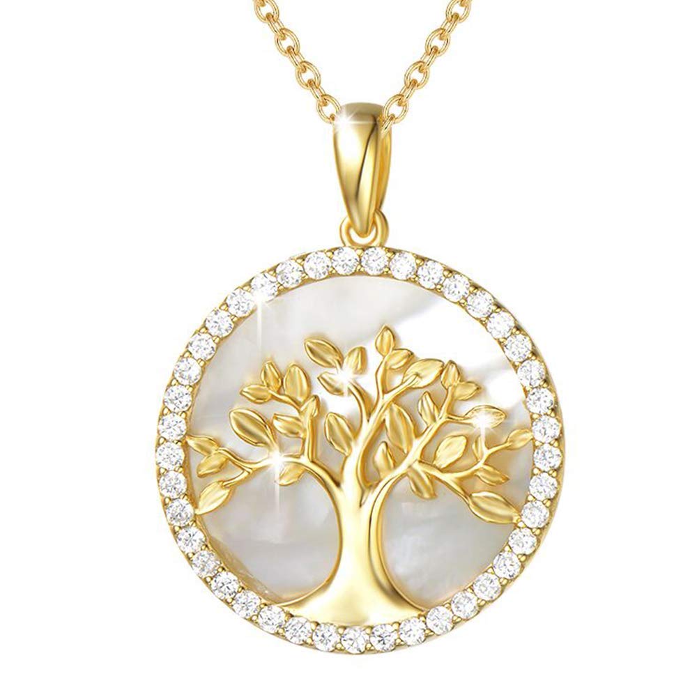 AGVANA Tree of Life Necklace for Women,925 Sterling Silver Mother of Pearl Stunning Cubic Zirconia Necklace with Tree Pendant Fine Jewellery for Women Girls with Gift Box,16"+2" Extender — image 1