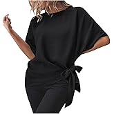 Womens Elegant Tie Side Tops Short Sleeve Batwing Blouses Casual Loose Fit Tunics Dressy Office Summer Shirts