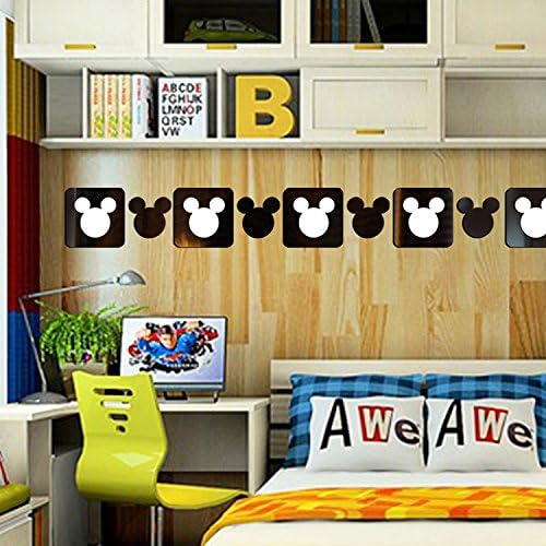 Square Cut Out Cartoon Mickey Mouse Mirror Stickers Wall Decal For Kindergarten Baby Children's Room Deco,12pcs/lot (Black)
