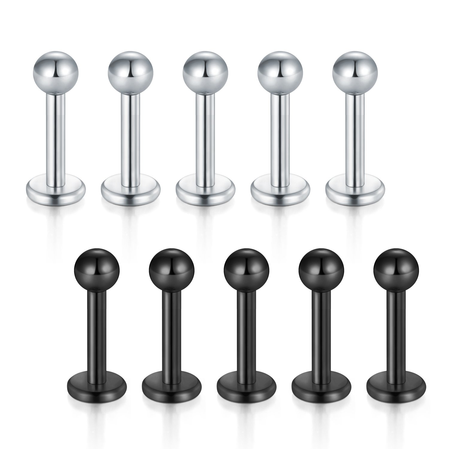 Briana Williams 10pcs Stainless Steel Lip Labret Stud Tragus Helix Cartilage Stud Bar Piercing Jewelry Silver and Black
