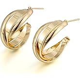 Triple Band Twisted Hoop Earrings, 18K Gold Plated, Fashion Jewelry
