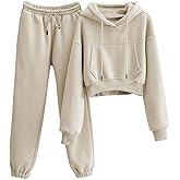 RIATOUR Womens Fleece 2 Piece Outfits Sweatsuit Lounge Hoodie Set Crop Pullover Sweatshirt with Joggers Sweatpants (Khaki-M)