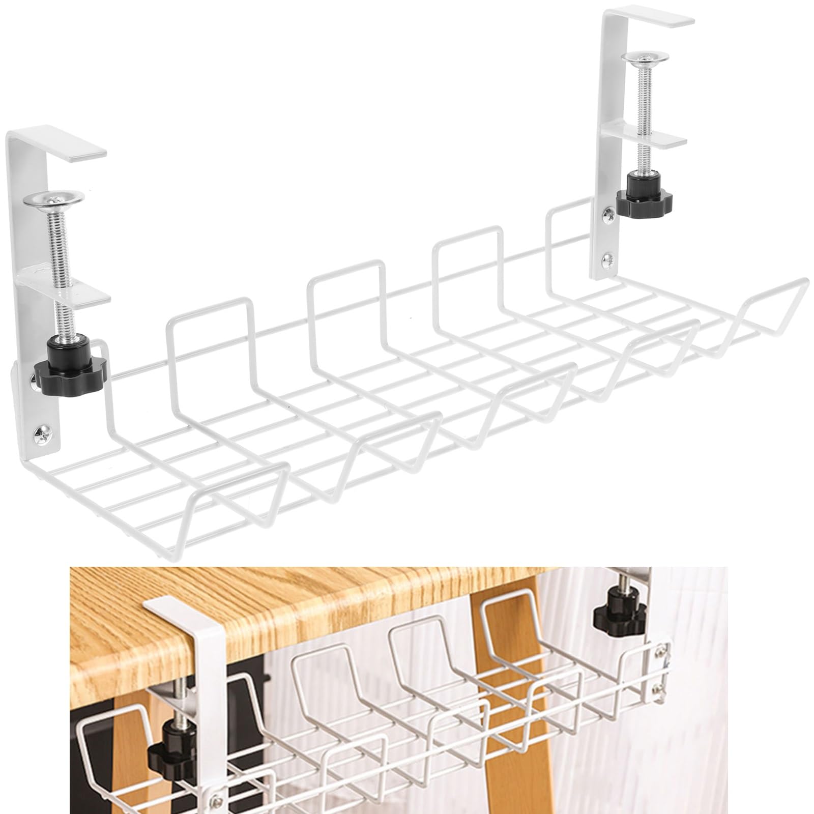 Under Desk Cable Management Tray No Drill Cable Racks Under Desk Cable Organizer for Wire Management, Carbon Steel Cable Tray Basket for Office and Home Cable Storage(White)