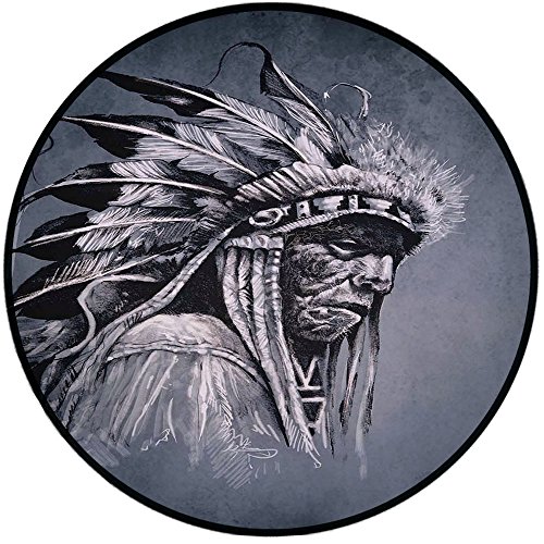 Printing Round Rug,Native American,Hand Drawn Tribe Chief Head with Feathers Vintage Style Ethnic Art Mat Non-Slip Soft Entrance Mat Door Floor Rug Area Rug For Chair Living Room,Grey Black White
