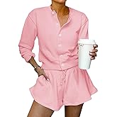 Tankaneo Womens 2 Piece Outfits Sweatsuit Button Down Tops and Shorts Casual Matching Lounge Set Travel Tracksuit