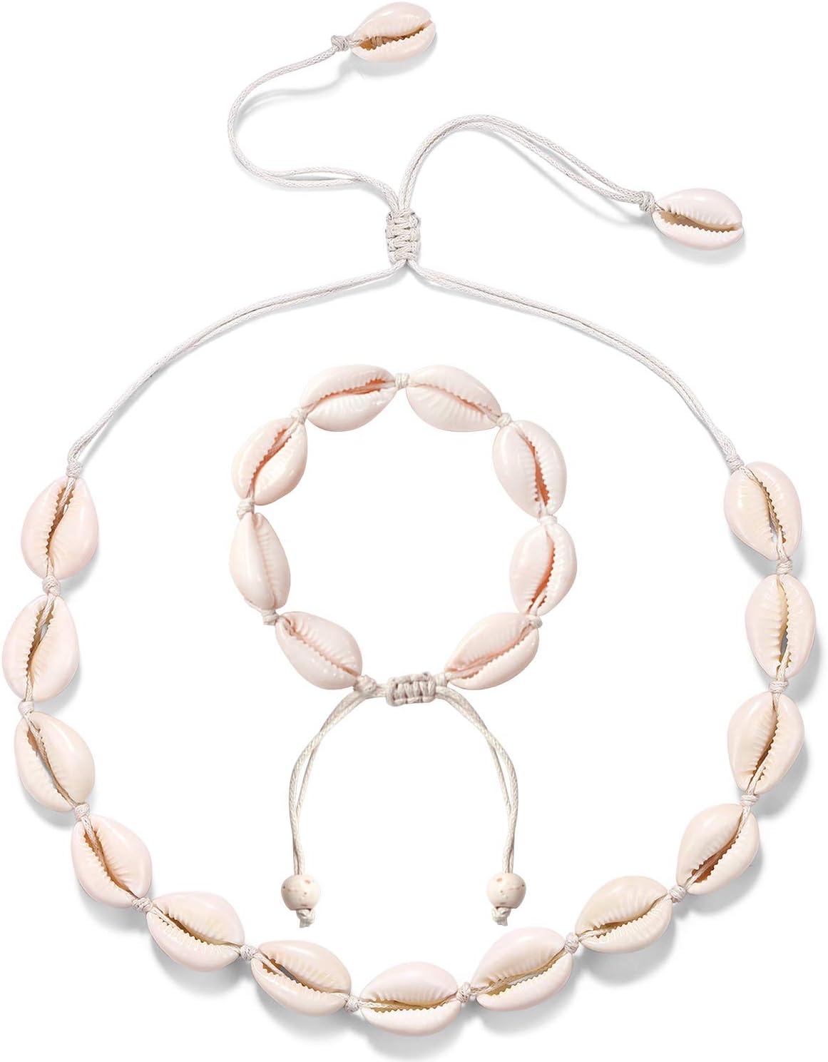 ASELFAD Shell Necklace and Bracelet Adjustable Handmade Puka Style Natural Cowrie Shell Necklace Hawaiian Beach Vsco Seashell Necklace (White)