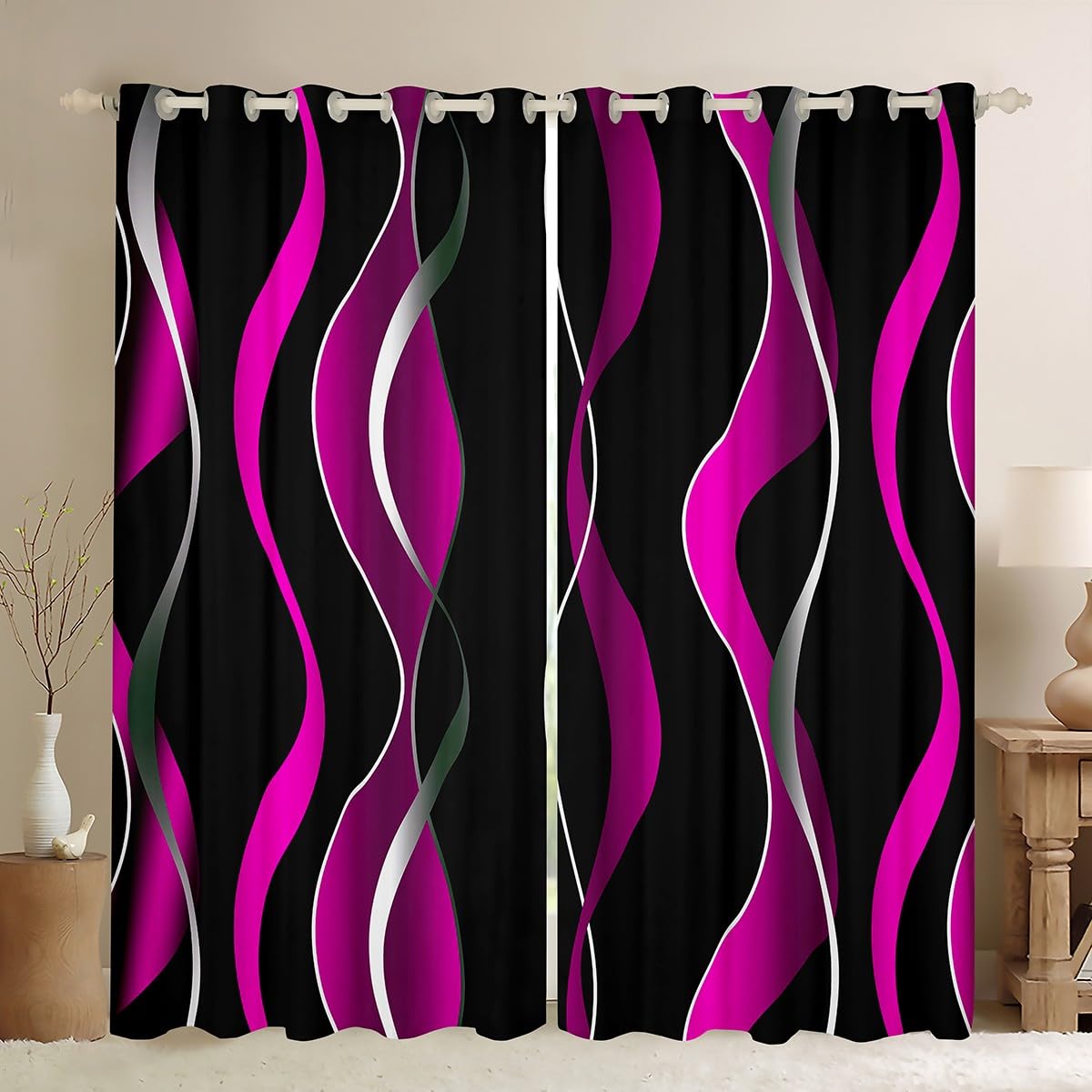 Homemissing Purple Grey and Black Stripe Window Curtains Pastel Gradient Stripes Blackout Curtains(30%-50%) Abstract Ombre Window Dreapes Swirl Lines Window Treatments W46*L72