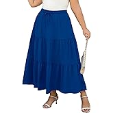 Younrui Women's Plus Size Long Maxi Skirt 1x-4x Elastic Waist Tie Drawstring Crinkle Flowy A-line Skirts with Pockets