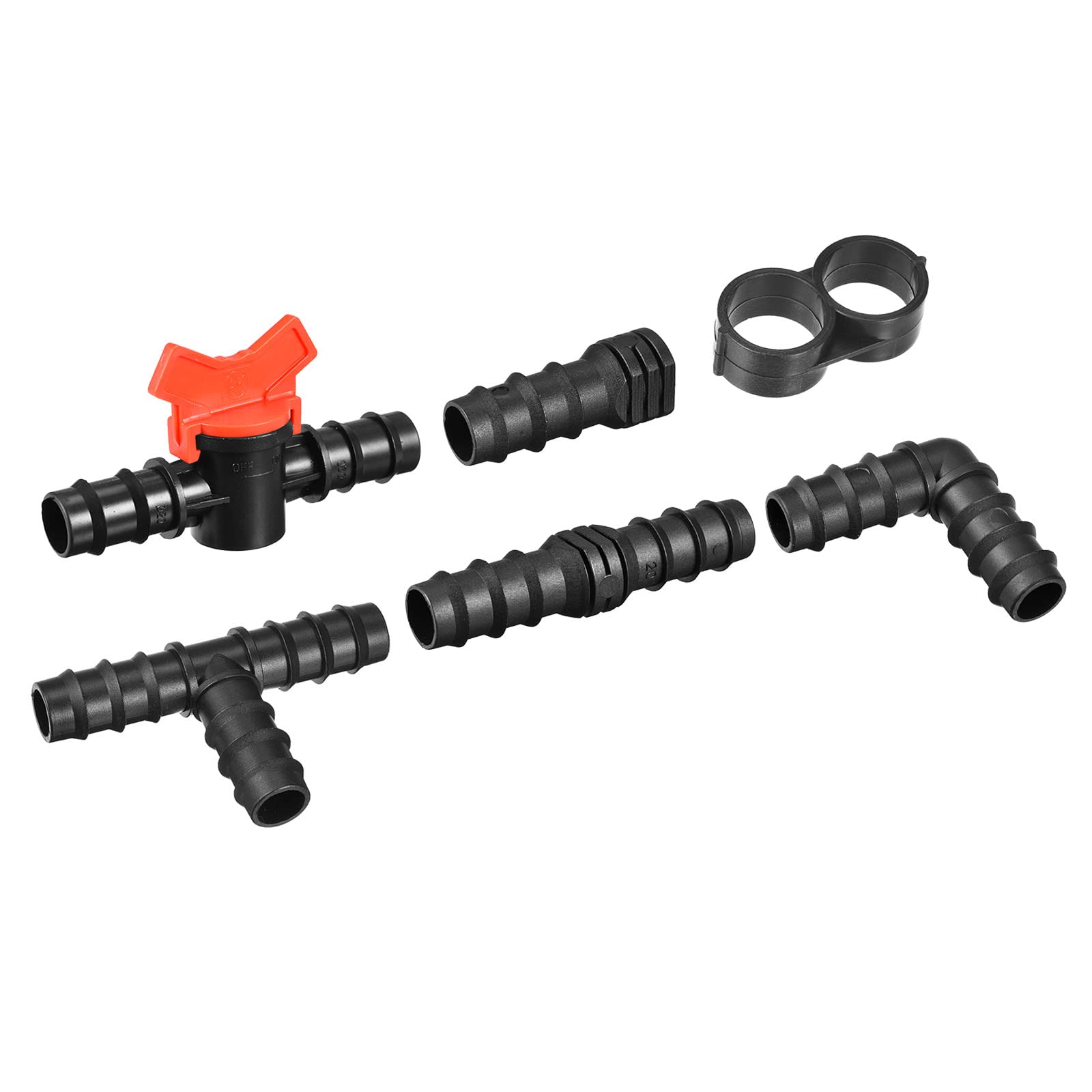 M METERXITY 19 Pack Barb Hose Fittings - 19.5mm Barbed Irrigation Fittings Kits Apply to Garden, Black(6 Straight 6 Tee 2 Elbows 4 End Stoppers 1 Valve)