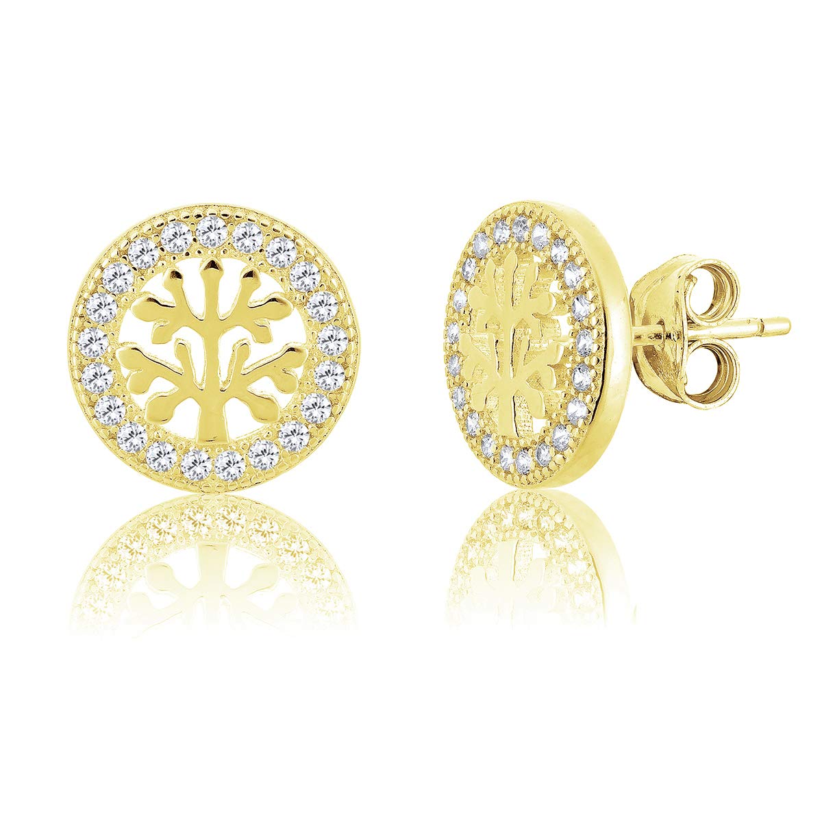 DTPSilver - 925 Sterling Silver and Yellow Gold Plated Tree of Life Studs Earrings with Cubic Zirconia - 10 mm