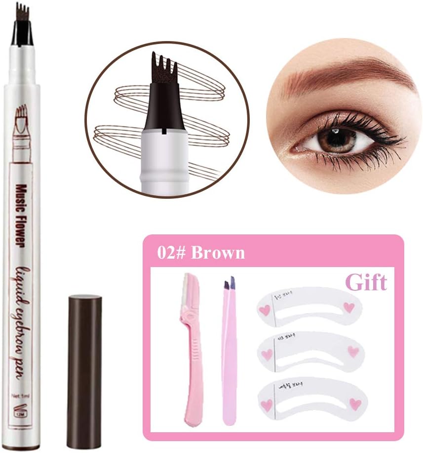 Eyebrow Tattoo Pen, Microblading Eyebrow Pencil with Four Tips,Waterproof Brow, Fork Tip Applicator Creates Natural Looking Brows Effortlessly and Stays All Day (2# Brown)