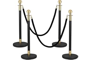 Berverra 4PCS Crowd Control Stanchion Pole, Line Divider Posts with Fillable Plastic Base, Rope Safety Barriers with 5 ft Black Ropes, Red Carpet Poles for Theaters Hotels Clubs Party Ceremony