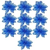 Ninko 10 Pieces 15 cm Artificial Hollow Poinsettia Flower For Christmas Tree Wreath House Decoration Blue Flower With Shining Edge