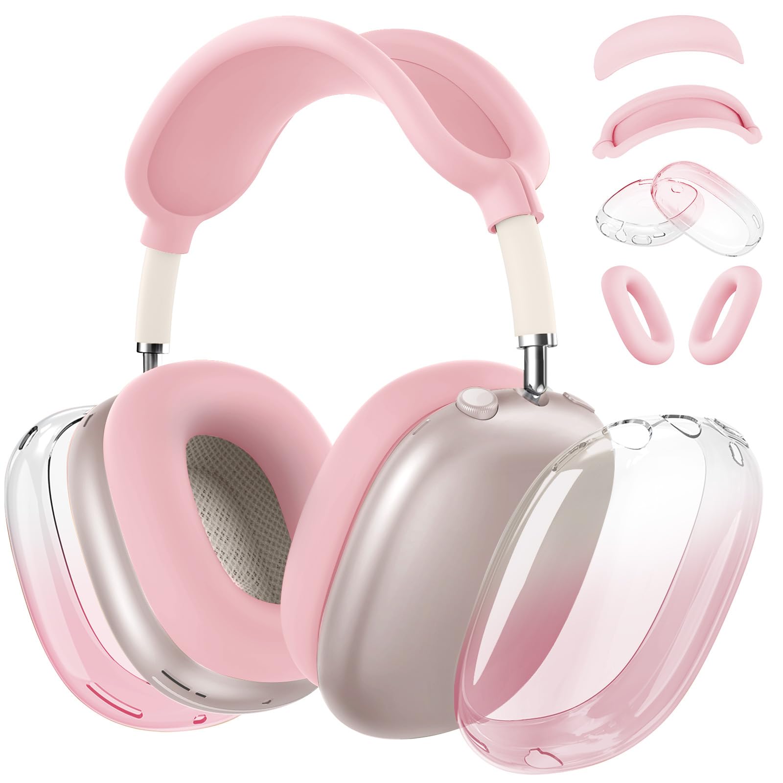 Photo 1 of [4 in 1] Silicone Case Cover for AirPods Max, Clear Gradient Soft TPU Ear Cups Cover/Ear Pad Case Cover/Headband Cover Transparent Accessories for Apple AirPods Max (2024/2020)(USB-C/Lightning), Pink