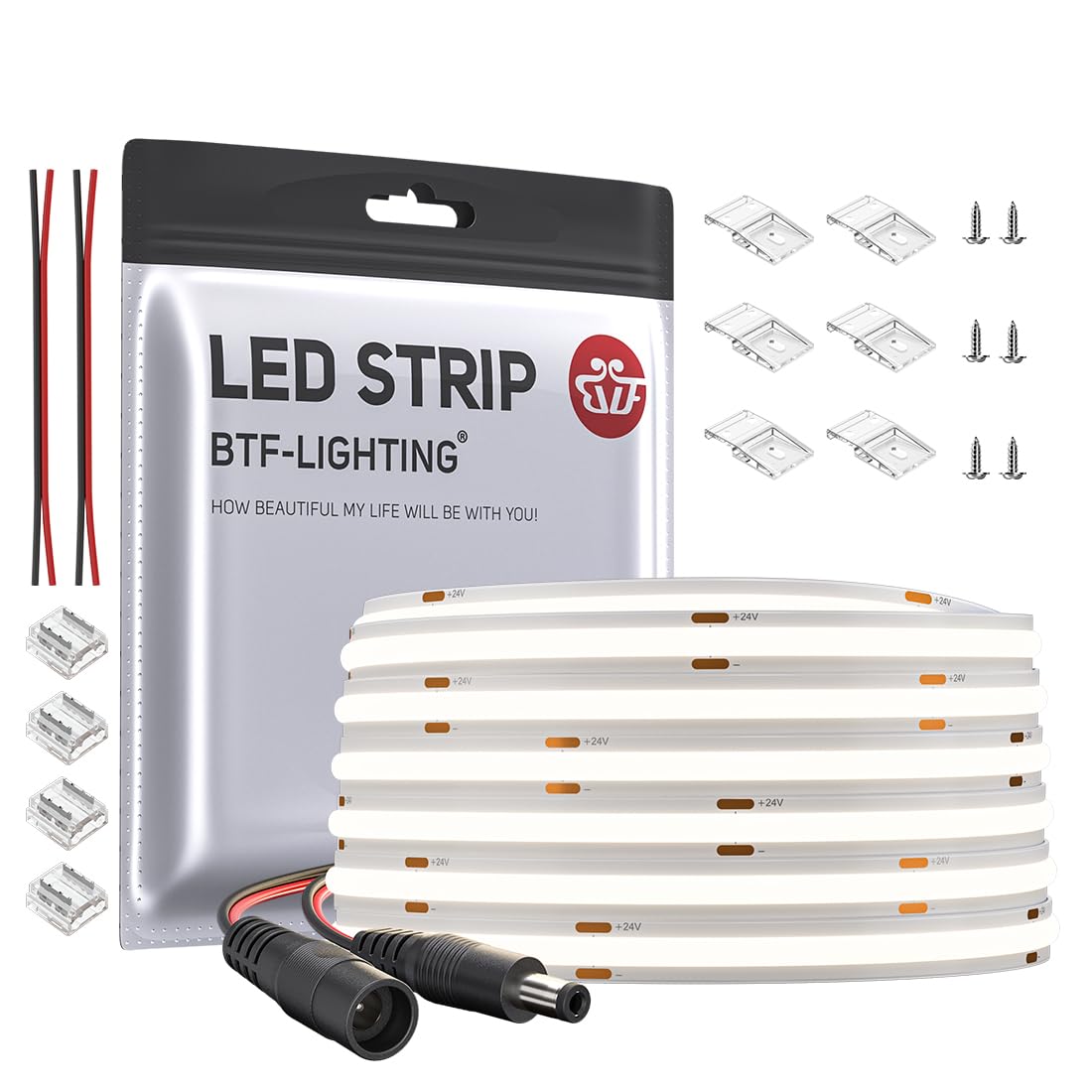 BTF-LIGHTING COB LED Strip Light 10M FCOB 336LEDs/M Flexible High Density Natural White 24V 8mm Width Dimmable Light Uniformity LED Tape for Bedroom Kitchen Home Interior Decoration(Only LED Strip)