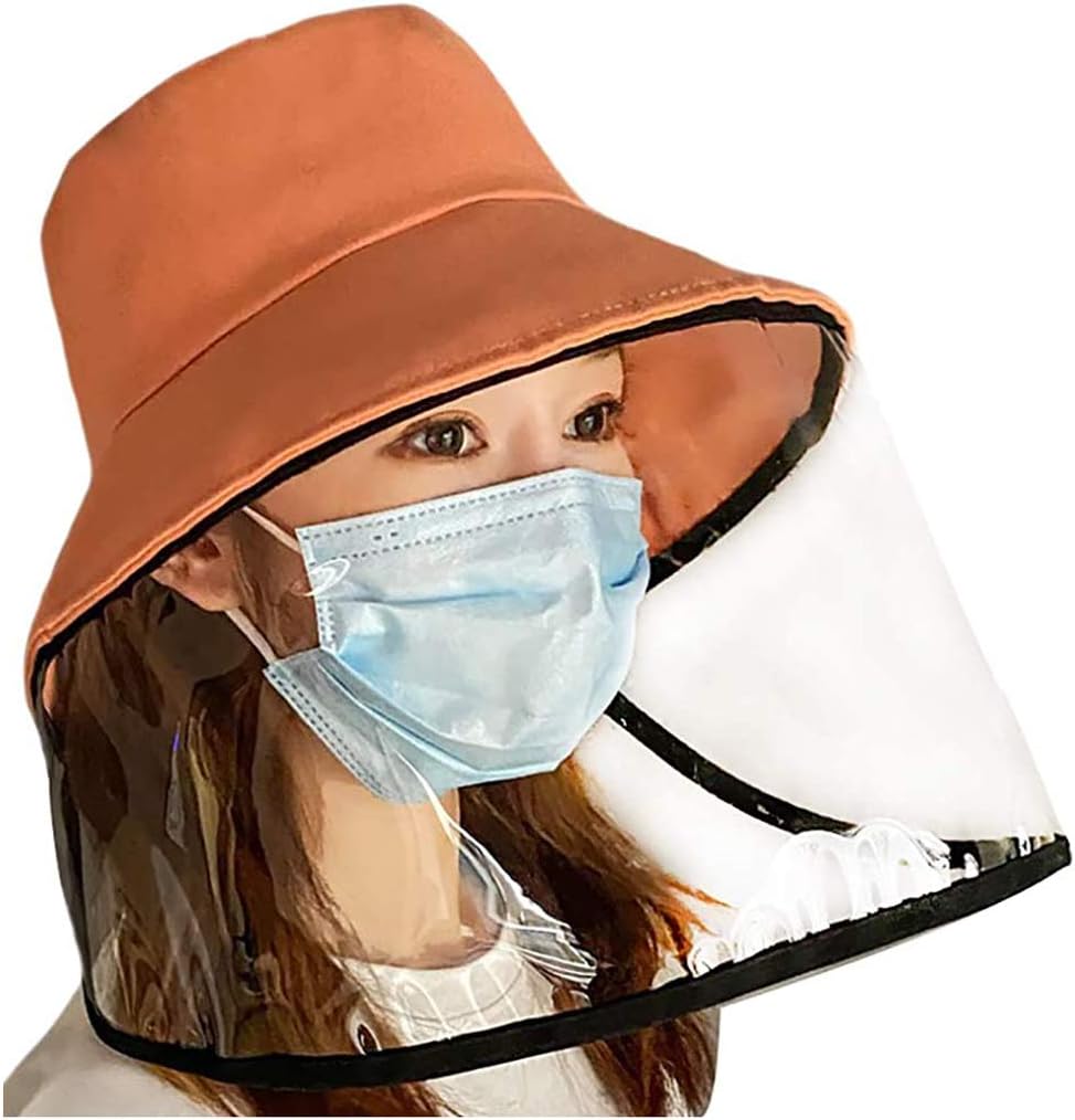 Protective Face Shield Hat Anti Spitting Splashproof Dustproof Facial Cover Hat Saliva Isolation Hat Windproof Eye Face Mouth Guard Protection Sun Hat (Orange Hat with Non-removable face cover)