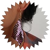 Allereyae Vintage Metal Mesh Earrings Grid Sequins Dangle Earrings Lightweight Mesh Hook Earrings Purple Long Tassel Sequins Drop Earrings for Women