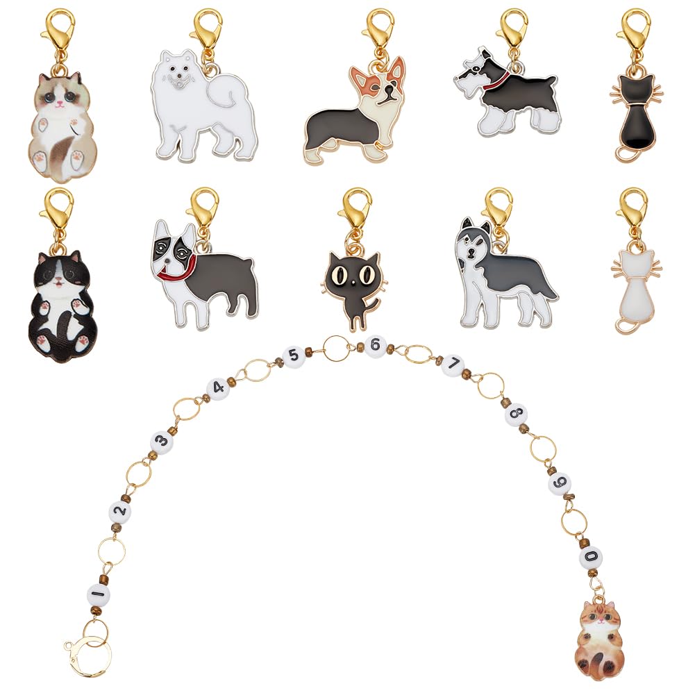 BENECREAT 11Pcs Stitch Marker Charms, Acrylic Number Bead Knitting Row Counter Chains and Cat Dog Locking Stitch Markers with Lobster Claw Clasps for Knitting Weaving Sewing Accessories