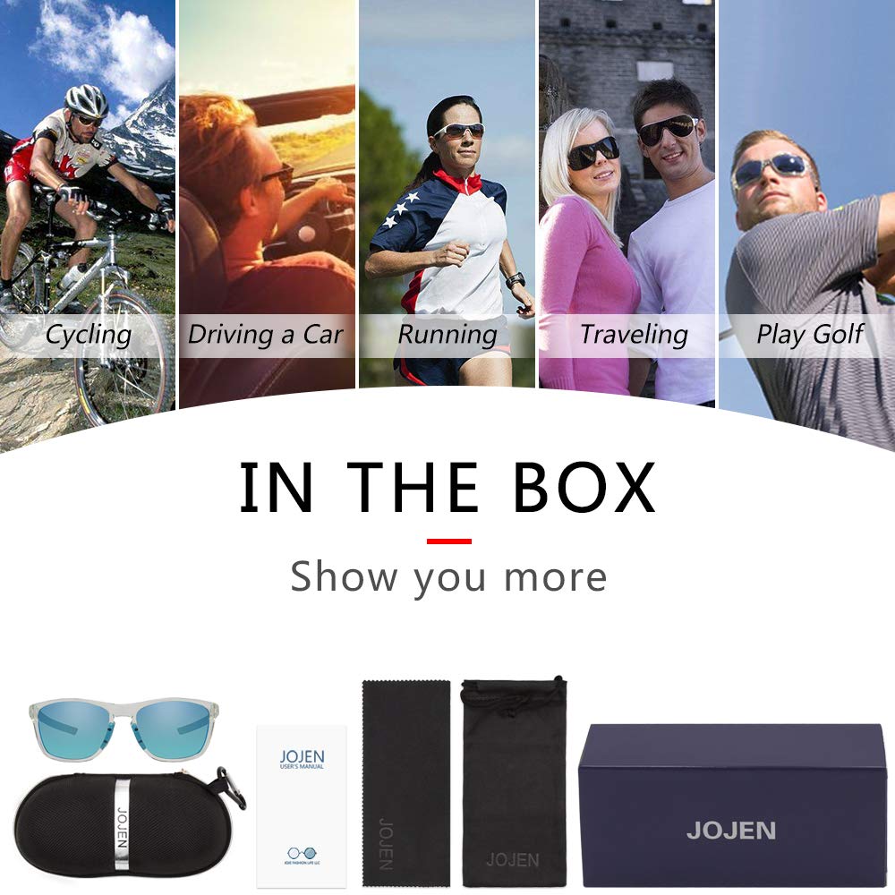 JOJEN Polarized Sports Sunglasses for Men Women Baseball Running Cycling Fishing Golf Tr90 Ultralight Frame JE001(Transparent Frame Blue Revo Lens)