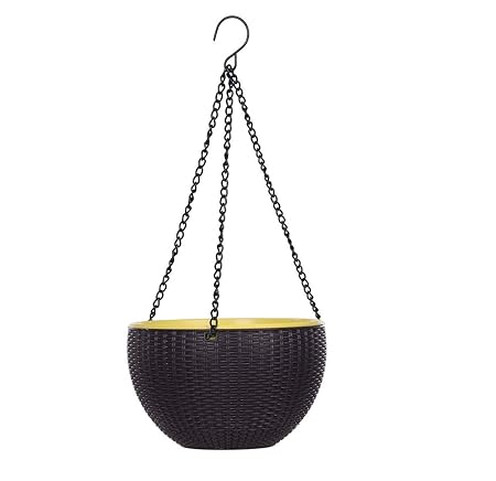 Auto Car Winner High Density Unbreakable Fade Resistant Modern Flower Pot Self Watering Self Draining Hanging Basket Woven Finish Rattan Look Planter With Hook Chain for Indoor and Outdoor Use, Black Colour (Pack of 4)