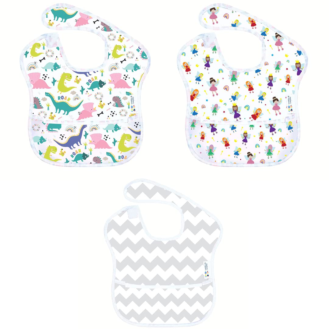 tiddler easy-bib | For 6-36 months | Waterproof & Wipe Clean | Integrated Spill Catch Pocket & Easy-Fit Adjustable Fasten | Lightweight & Machine Washable (3x (Fairies/Chevrons/Dinos))