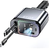 4 in 1 Retractable Car Charger with Starry Light,69W USB-C Fast Car Charger, for iPhone 17/16/15/14/13/12/11, Android,Pixel,C