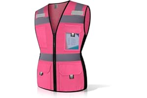 Uno Mejor Safety Vest for Women with 11 Pockets and Zipper, Mesh High Visibility Reflective Work Vest for Lady Surveyors/Workers/Drivers, Snug & Comfortable Fit, ANSI Compliant, (U-Pink, S)