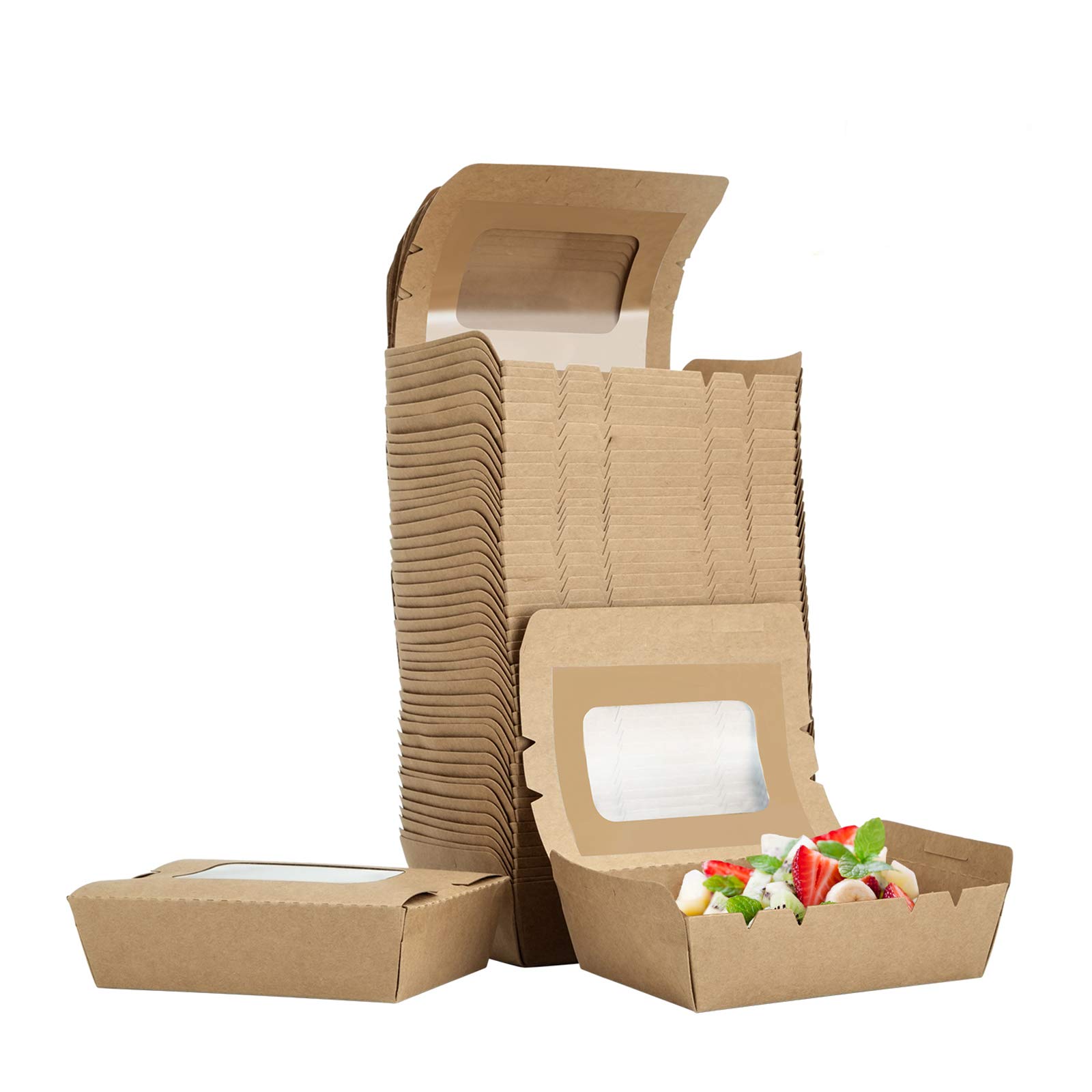 TOROTON 50 Pack Take Out Salad Box with Window, Reusable Kraft Brown Food Storage Containers, Takeaway Food Snack Boxes - Freezer Safe 17 oz (500ml)