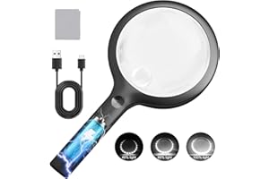 30X 40X Charge Magnifier with Light, NUEYiO 4.33Inch Large Handheld Magnifying Glass with Light, 20 Daylight LEDs & Third Gear Dimming Lighted Magnifying Glass for Seniors Reading Jewelry -Black