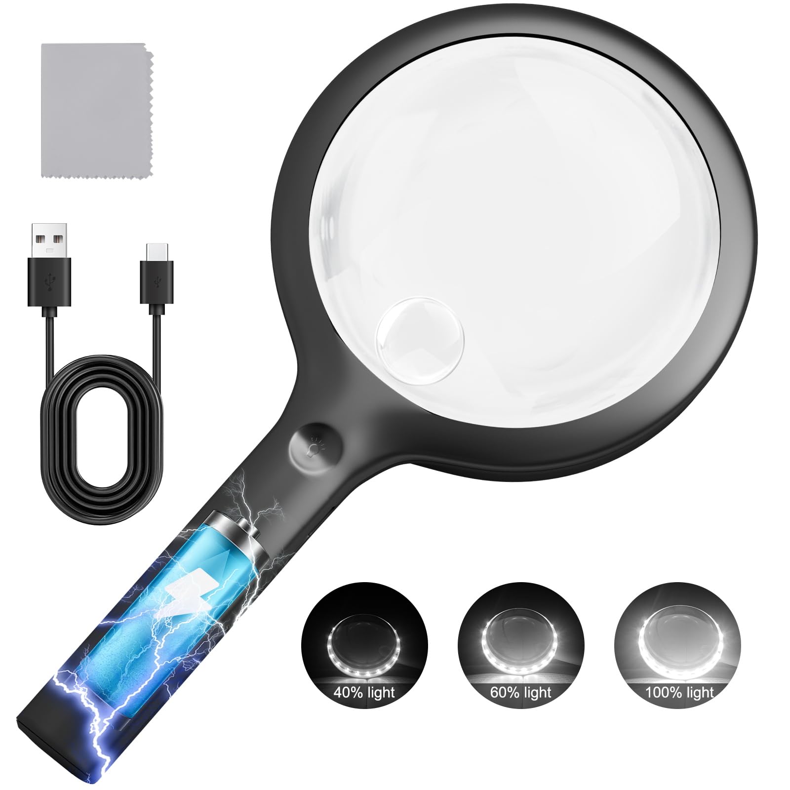 Photo 1 of 30X 40X Charge Magnifier with Light, NUEYiO 4.33Inch Large Handheld Magnifying Glass with Light, 20 Daylight LEDs & Third Gear Dimming Lighted Magnifying Glass for Seniors Reading Jewelry -Black