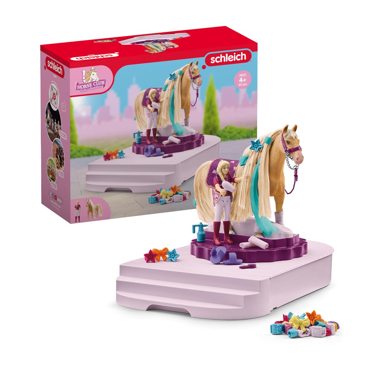 SCHLEICH HORSE CLUB 42617 Sofia's Beauties Pflege und Styling Station mit Pferd mit Mähne und Reiterin - 54-Teiliges Set mit Pflege und Zubehörkiste mit Sofia-Figur, Pferde Spielzeug ab 4
