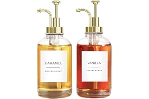 Ezebesta Set of 2 Syrup Dispensers 500ml with 36 Labels Glass Bottles with Elegant Pumps and Various Syrup Labels Kitchen Cof