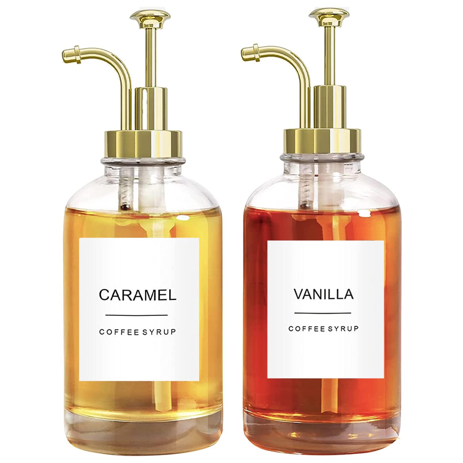 Ezebesta Set of 2 Syrup Dispensers 500ml Glass Bottles with Elegant Pumps and Various Syrup Labels Kitchen Coffee Station Organization - PUMP PATENT REGISTERED