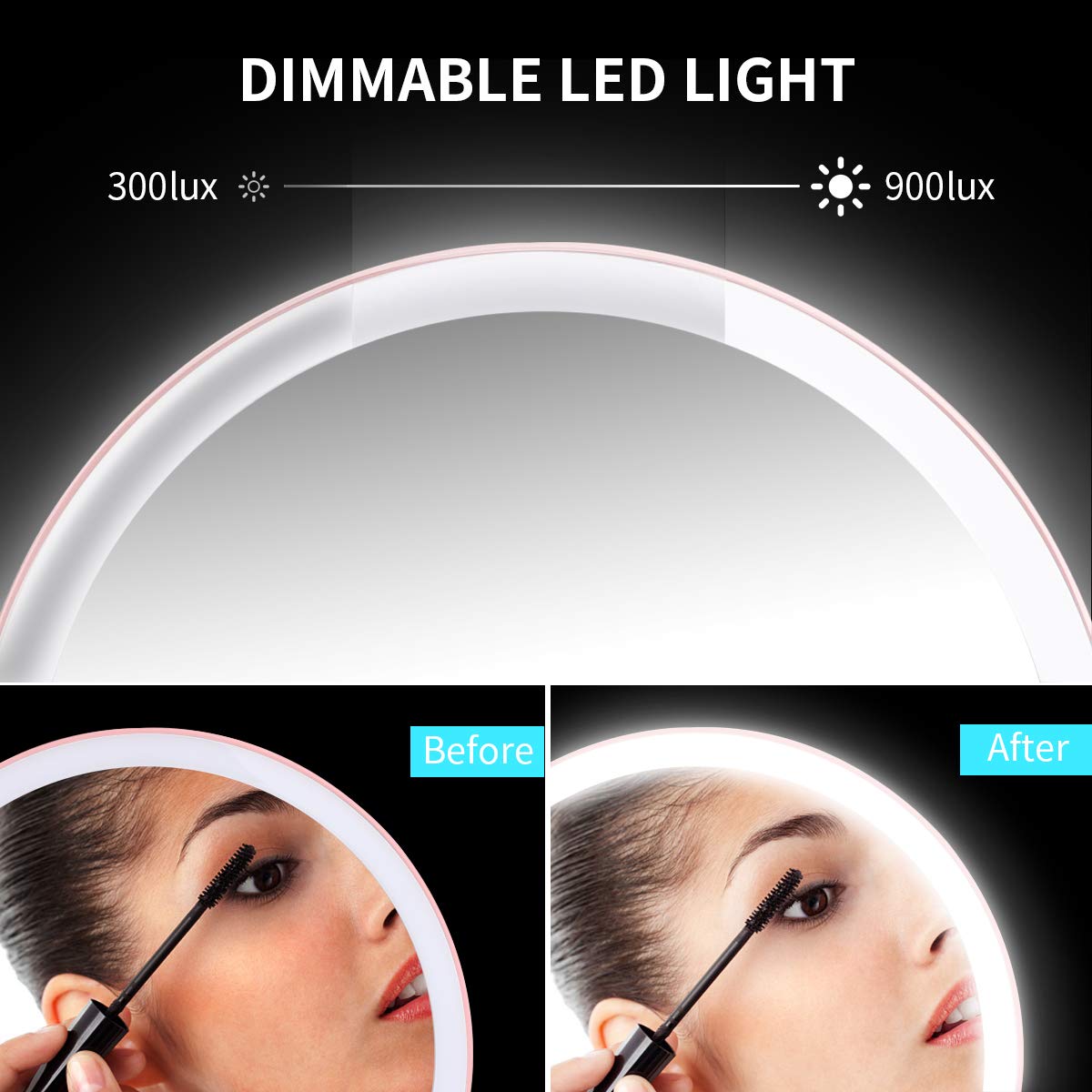 Lighted Makeup Mirror, Rechargeable 8.3 Inch Vanity 1X/5X Magnifying Mirror, 3 Color Modes Dimmable with Touch Screen (Rose Gold)