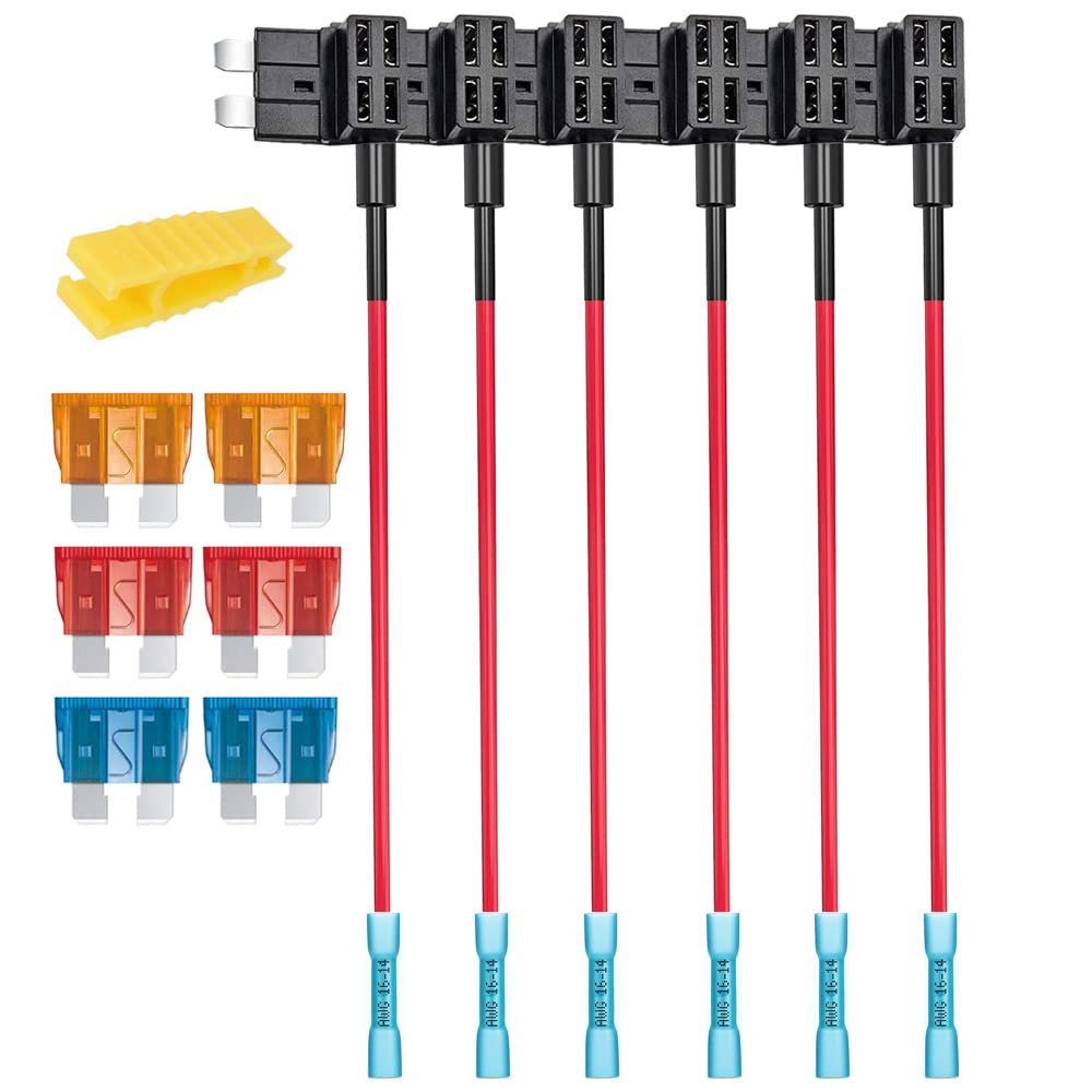 Gebildet 6pcs 12V 24V Standard Add-a-Circuit Fuse Tap With Heat Shrink Terminals, ATS Medium Piggy Back Blade Holder With Wire Harness, 6pcs Standard Fuse (5A/10A/15A) and Puller — image 1