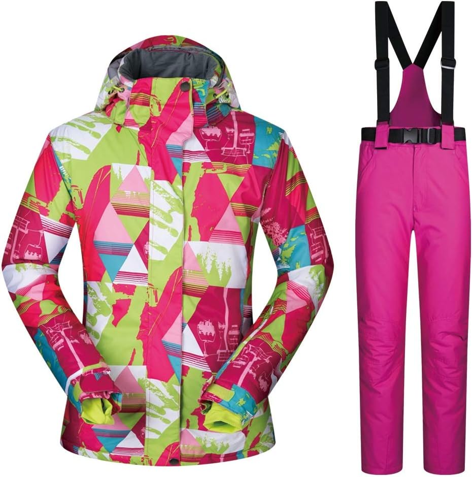 HgzBxL Comfortable Women Ski Jacket Pants Snowboarding Windproof for Winter Sports Outwear Snowsuits - Colorful Printed Snowsuit (Color : Pink, Size : M)