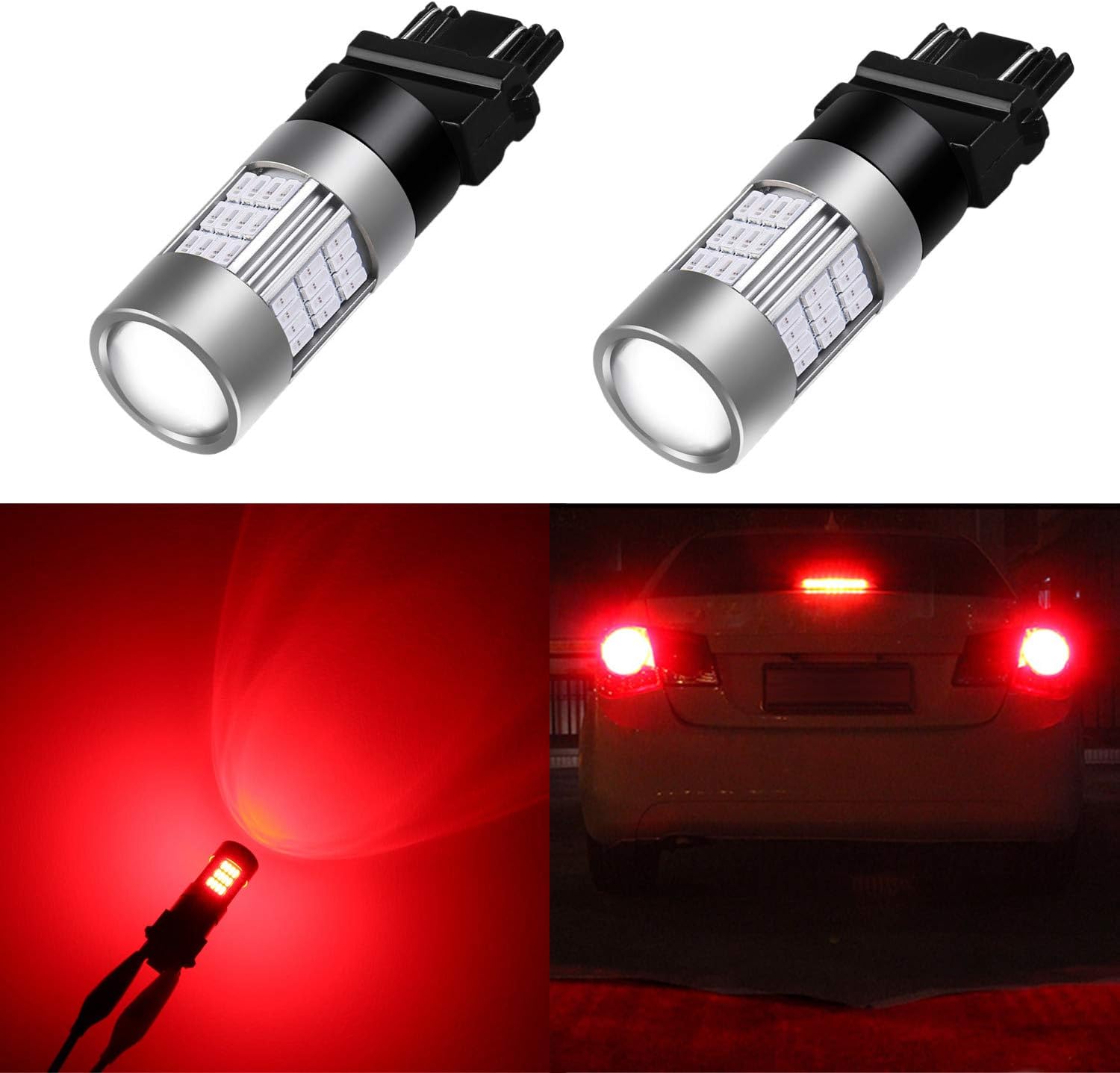 Alla Lighting T25 3156 3157 Red LED Bulbs Super Bright 4014 54-SMD 12V 3056 3047 3057 4057 Blinker Turn Signal Brake Stop Tail Lights Bulbs for Cars, Trucks, Motorcycles