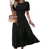 Women's Modest Smocked Maxi and Midi Dress for Women Puff Sleeve Slim Fit Stretch Summer Casual